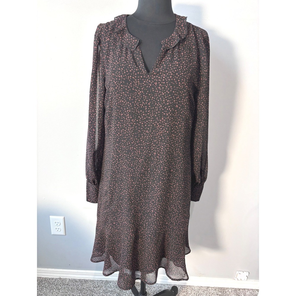 Cabi Black Floral Print Ruffle Trim Long Sleeve Sheer Dress - Women's Medium